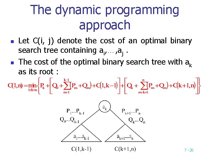 The dynamic programming approach n n Let C(i, j) denote the cost of an The dynamic programming approach n n Let C(i, j) denote the cost of an