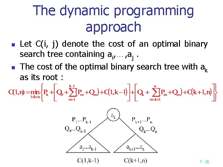 The dynamic programming approach n n Let C(i, j) denote the cost of an