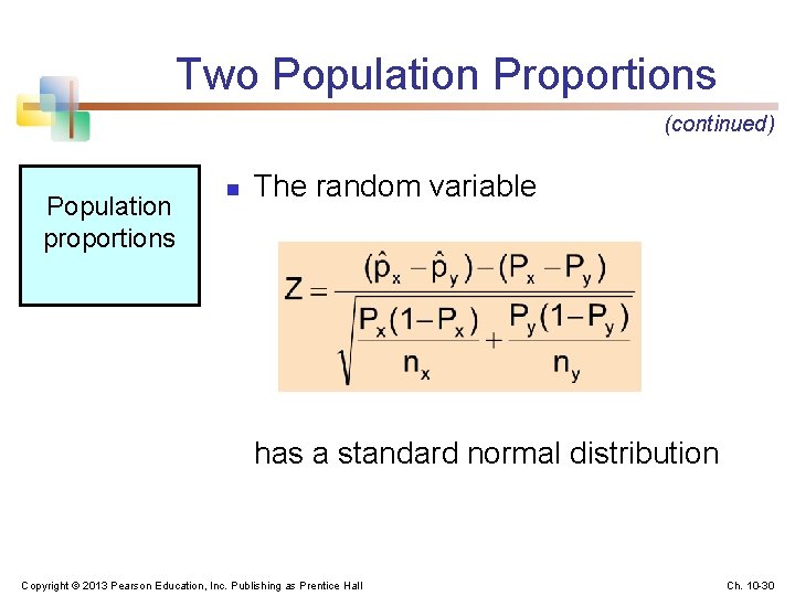 Two Population Proportions (continued) Population proportions n The random variable has a standard normal