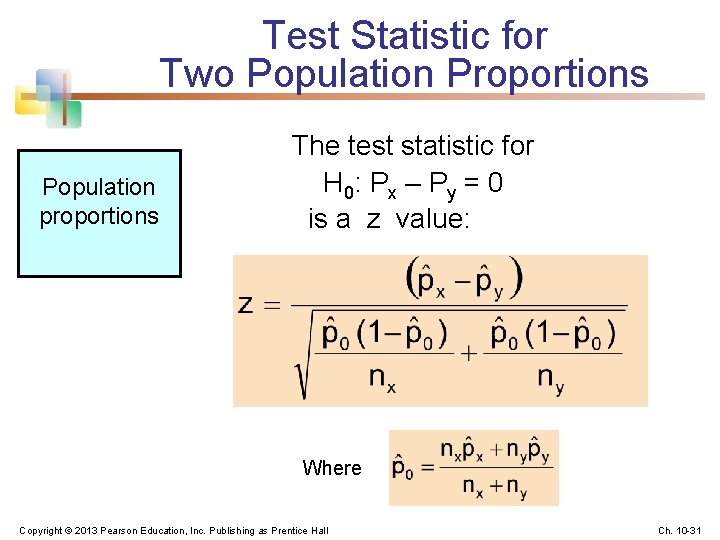 Test Statistic for Two Population Proportions Population proportions The test statistic for H 0: