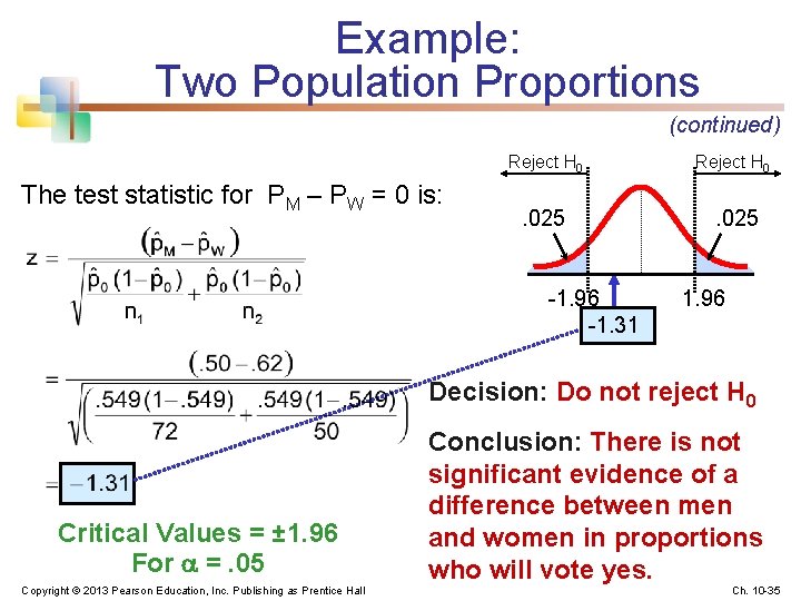 Example: Two Population Proportions (continued) The test statistic for PM – PW = 0