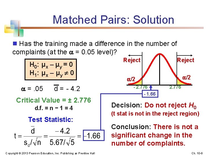 Matched Pairs: Solution n Has the training made a difference in the number of