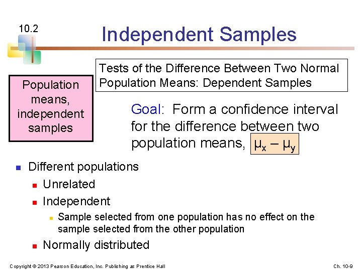 Independent Samples 10. 2 Population means, independent samples n Tests of the Difference Between