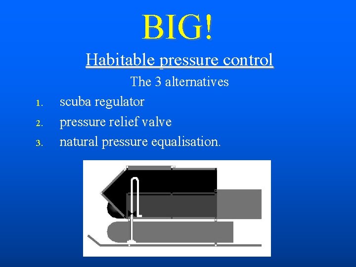 BIG! Habitable pressure control 1. 2. 3. The 3 alternatives scuba regulator pressure relief