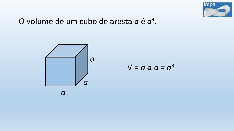 O volume de um cubo de aresta a é a³. a a a V