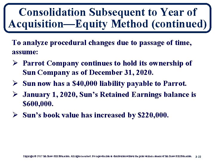 Consolidation Subsequent to Year of Acquisition—Equity Method (continued) To analyze procedural changes due to