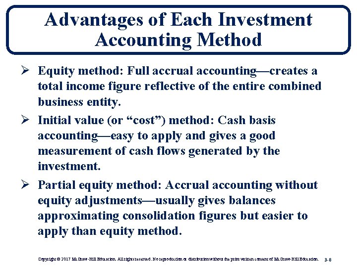 Advantages of Each Investment Accounting Method Ø Equity method: Full accrual accounting—creates a total