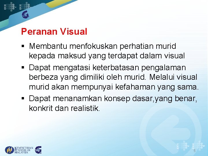 Peranan Visual § Membantu menfokuskan perhatian murid kepada maksud yang terdapat dalam visual §