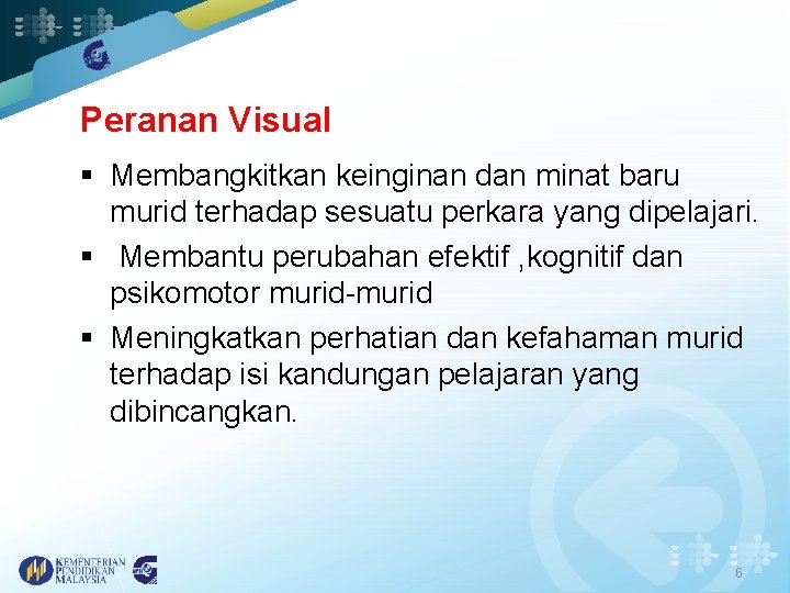 Peranan Visual § Membangkitkan keinginan dan minat baru murid terhadap sesuatu perkara yang dipelajari.