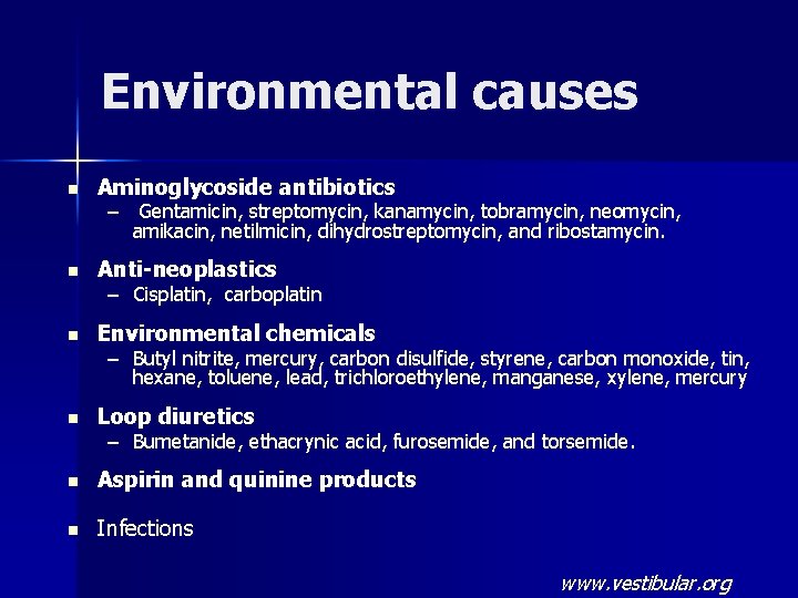 Environmental causes n Aminoglycoside antibiotics n Anti-neoplastics n Environmental chemicals n Loop diuretics n