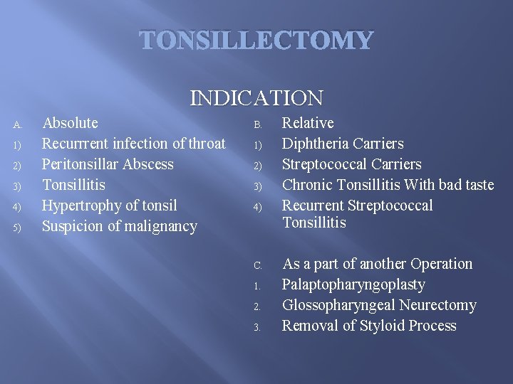 TONSILLECTOMY INDICATION A. 1) 2) 3) 4) 5) Absolute Recurrrent infection of throat Peritonsillar