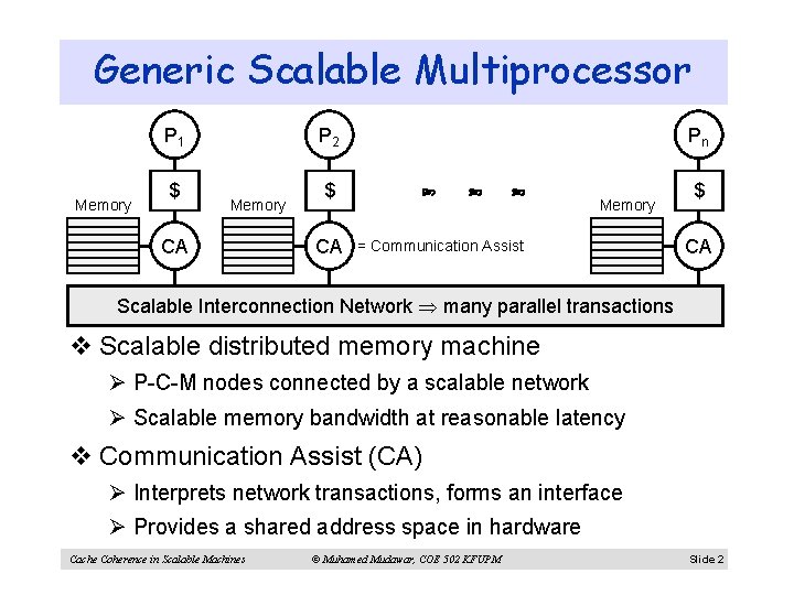 Generic Scalable Multiprocessor P 1 Memory $ P 2 Memory CA Pn $ CA