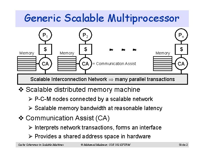Generic Scalable Multiprocessor P 1 Memory $ P 2 Memory CA Pn $ CA