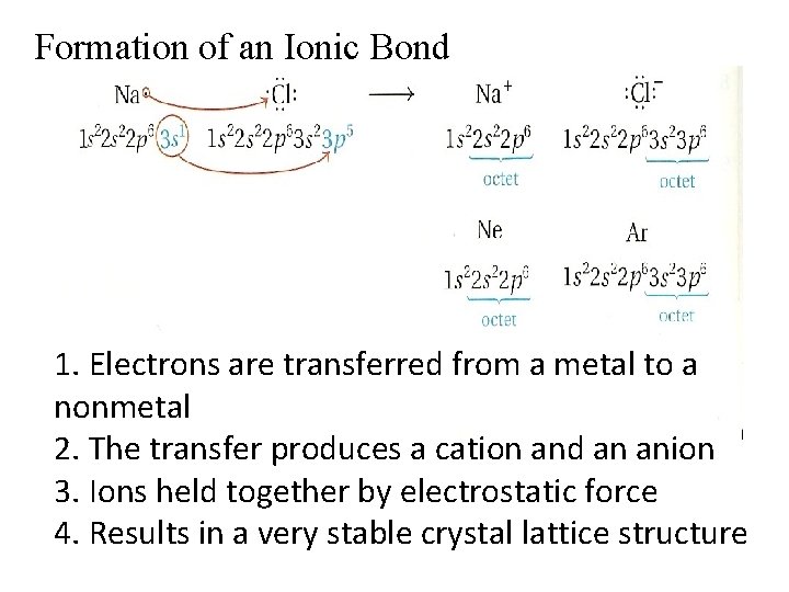Formation of an Ionic Bond 1. Electrons are transferred from a metal to a