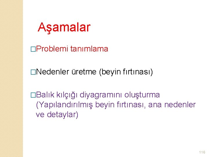 Aşamalar �Problemi tanımlama �Nedenler üretme (beyin fırtınası) �Balık kılçığı diyagramını oluşturma (Yapılandırılmış beyin fırtınası,