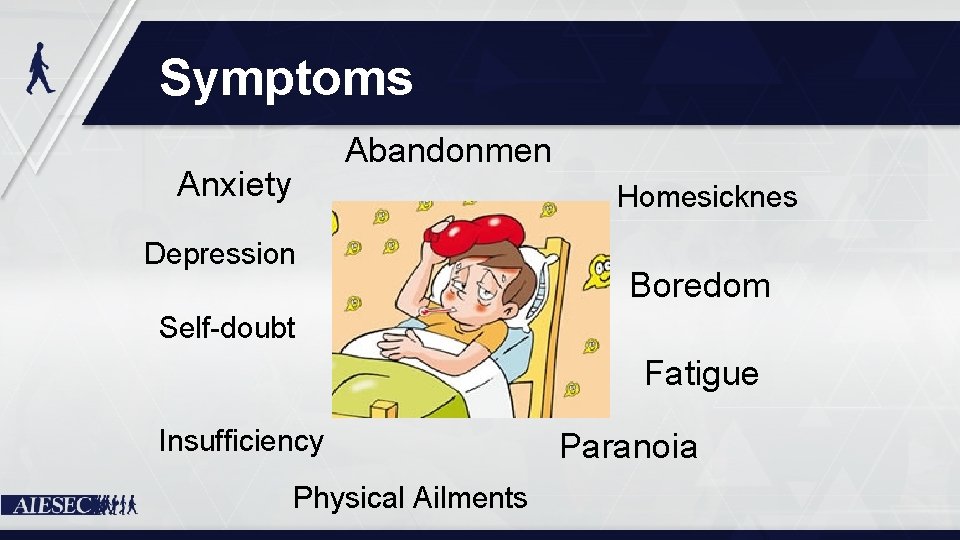 Symptoms Abandonmen Anxiety Homesicknes Depression Boredom Self-doubt Fatigue Insufficiency Physical Ailments Paranoia 