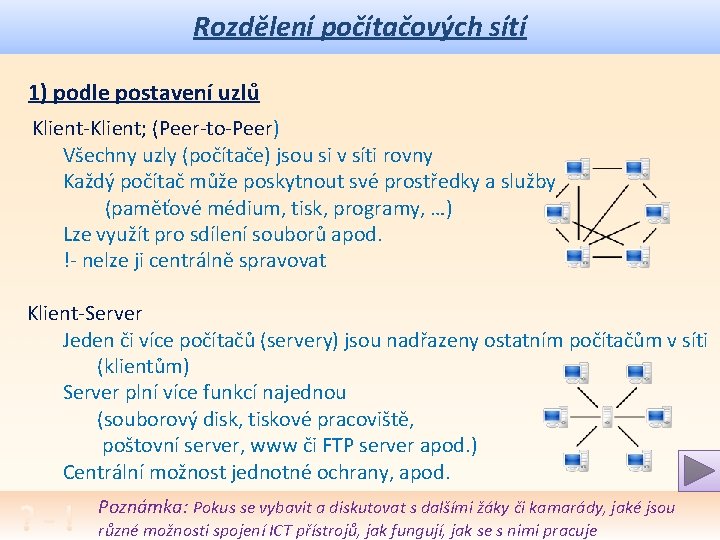 Rozdělení počítačových sítí 1) podle postavení uzlů Klient-Klient; (Peer-to-Peer) Všechny uzly (počítače) jsou si