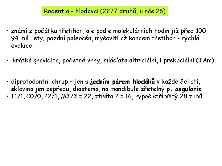 Rodentia - hlodavci (2277 druhů, u nás 26) • známí z počátku třetihor, ale