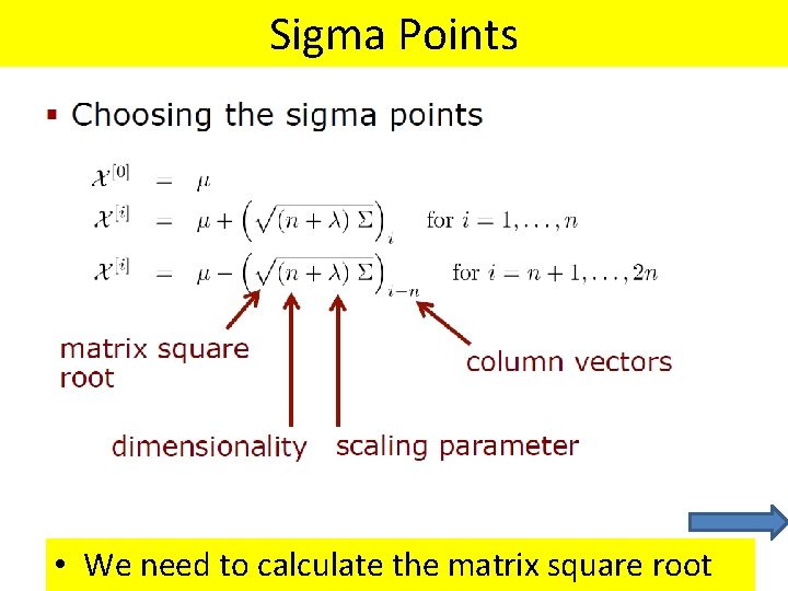 Sigma Points • We need to calculate the matrix square root 