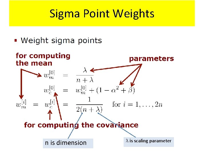 Sigma Point Weights n is dimension is scaling parameter 