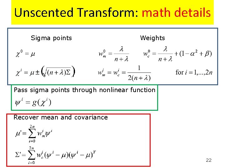 Unscented Transform: math details Sigma points Weights Pass sigma points through nonlinear function Recover