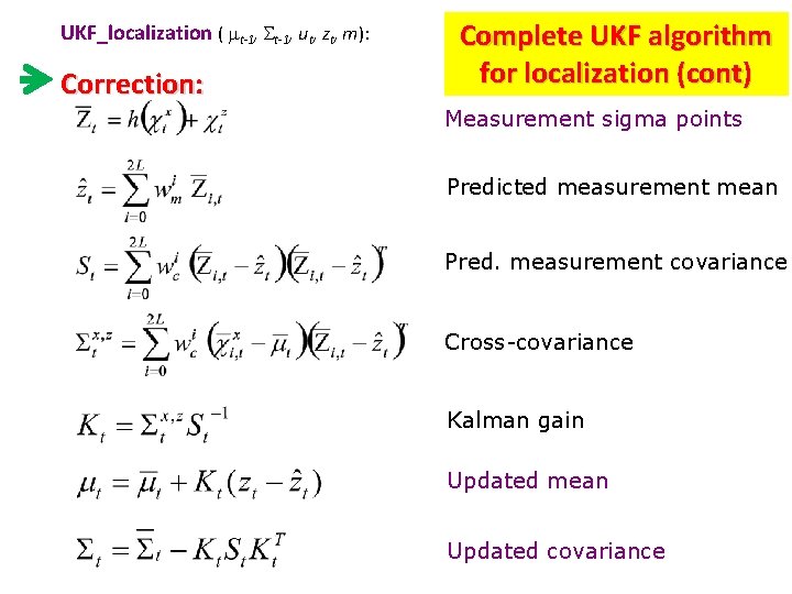 UKF_localization ( mt-1, ut, zt, m): Correction: Complete UKF algorithm for localization (cont) Measurement