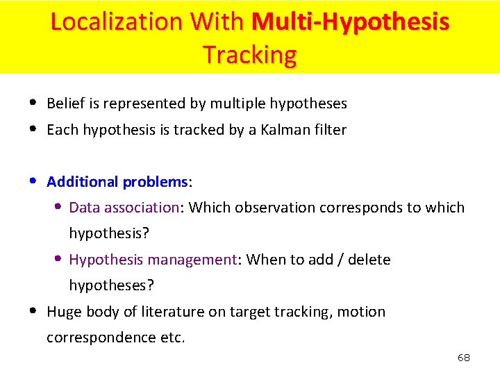 Localization With Multi-Hypothesis Tracking • Belief is represented by multiple hypotheses • Each hypothesis