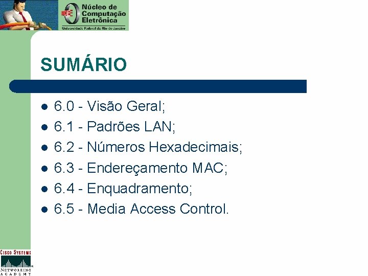 SUMÁRIO l l l 6. 0 - Visão Geral; 6. 1 - Padrões LAN;