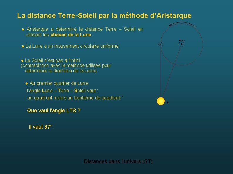La distance Terre-Soleil par la méthode d'Aristarque ● Aristarque a déterminé la distance Terre