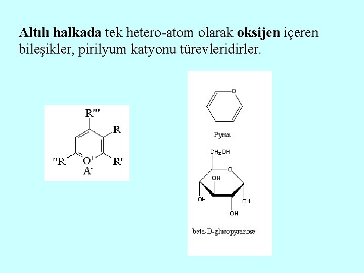 Altılı halkada tek hetero-atom olarak oksijen içeren bileşikler, pirilyum katyonu türevleridirler. 