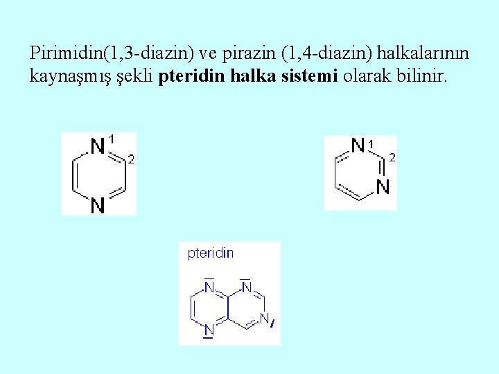 Pirimidin(1, 3 -diazin) ve pirazin (1, 4 -diazin) halkalarının kaynaşmış şekli pteridin halka sistemi