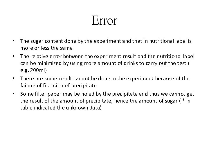 Error • The sugar content done by the experiment and that in nutritional label