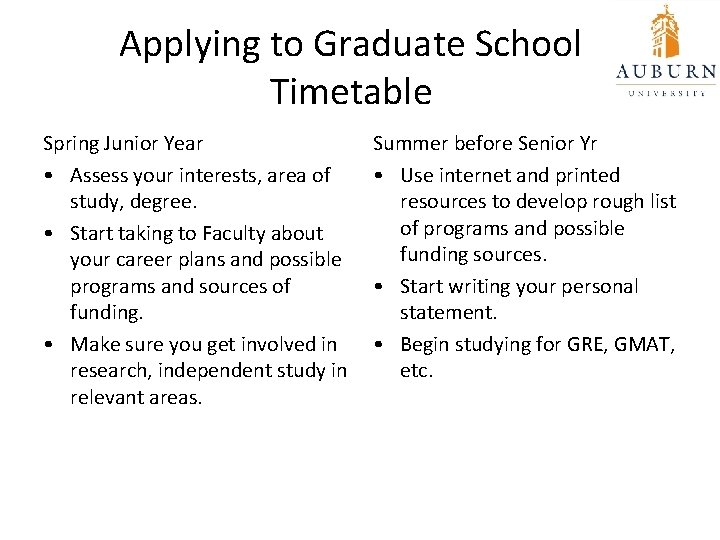 Applying to Graduate School Timetable Spring Junior Year • Assess your interests, area of