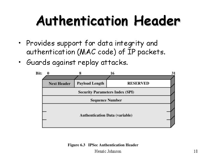 Authentication Header • Provides support for data integrity and authentication (MAC code) of IP