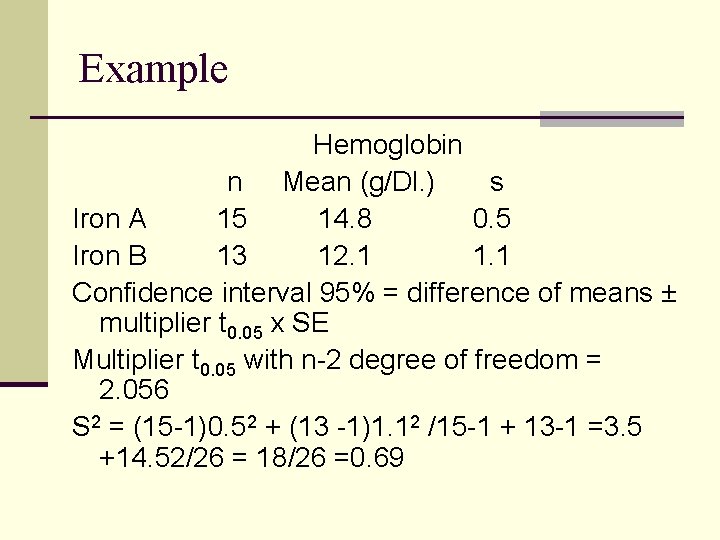 Example Hemoglobin n Mean (g/Dl. ) s Iron A 15 14. 8 0. 5