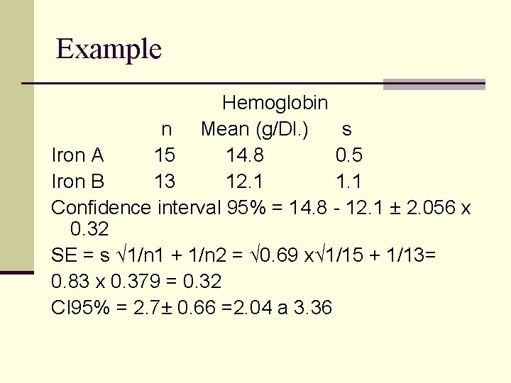 Example Hemoglobin n Mean (g/Dl. ) s Iron A 15 14. 8 0. 5