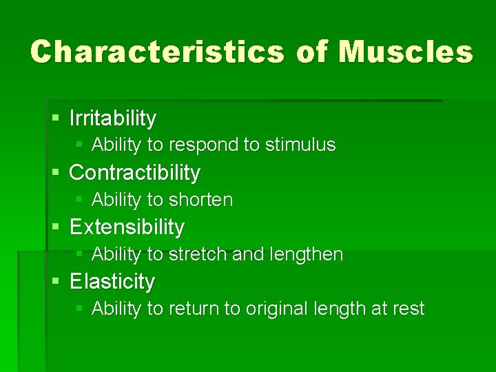 Characteristics of Muscles § Irritability § Ability to respond to stimulus § Contractibility §