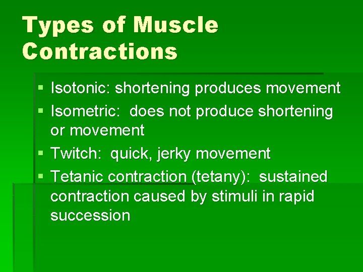 Types of Muscle Contractions § Isotonic: shortening produces movement § Isometric: does not produce