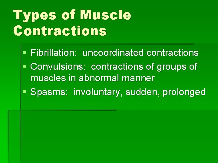 Types of Muscle Contractions § Fibrillation: uncoordinated contractions § Convulsions: contractions of groups of