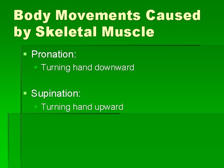 Body Movements Caused by Skeletal Muscle § Pronation: § Turning hand downward § Supination: