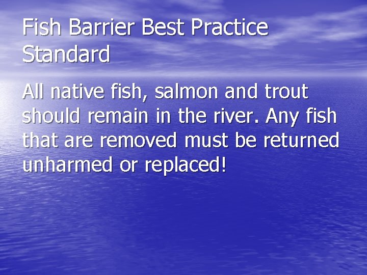 Fish Barrier Best Practice Standard All native fish, salmon and trout should remain in