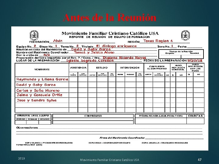 Antes de la Reunión 2019 Movimiento Familiar Cristiano Católico USA 47 