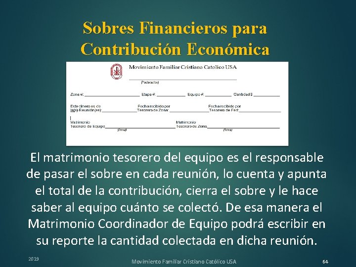 Sobres Financieros para Contribución Económica El matrimonio tesorero del equipo es el responsable de