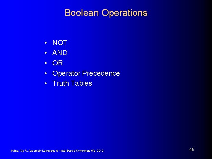 Boolean Operations • • • NOT AND OR Operator Precedence Truth Tables Irvine, Kip