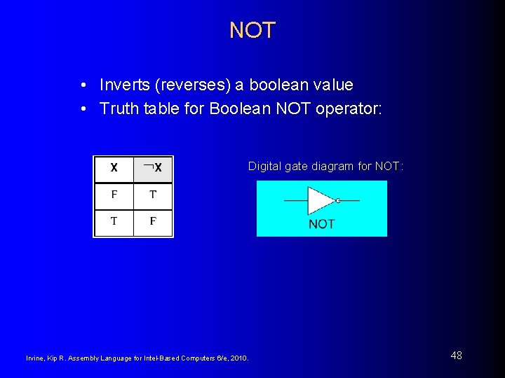 NOT • Inverts (reverses) a boolean value • Truth table for Boolean NOT operator: