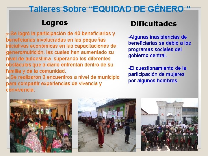 Talleres Sobre “EQUIDAD DE GÉNERO “ Logros Se logró la participación de 40 beneficiarios