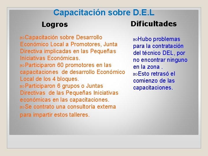 Capacitación sobre D. E. L Logros Capacitación sobre Desarrollo Económico Local a Promotores, Junta