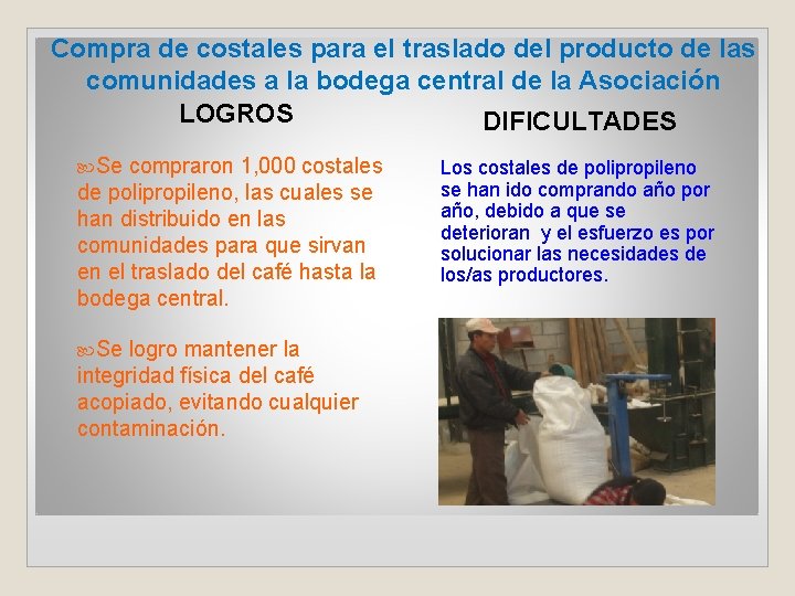 Compra de costales para el traslado del producto de las comunidades a la bodega