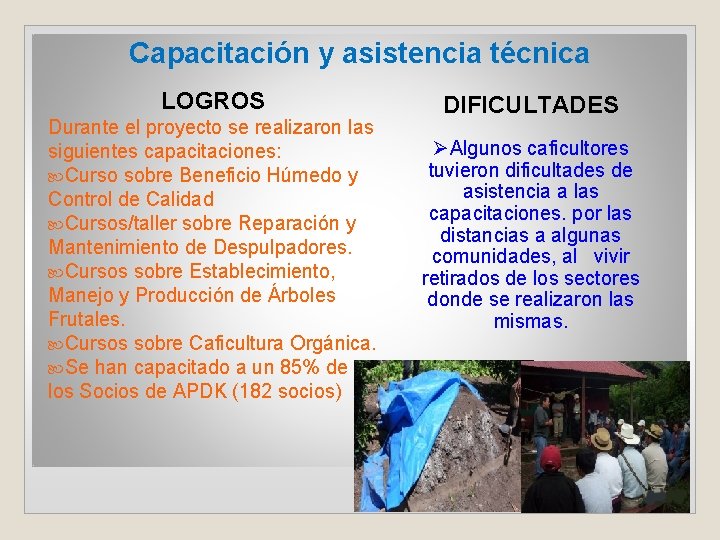 Capacitación y asistencia técnica LOGROS Durante el proyecto se realizaron las siguientes capacitaciones: Curso