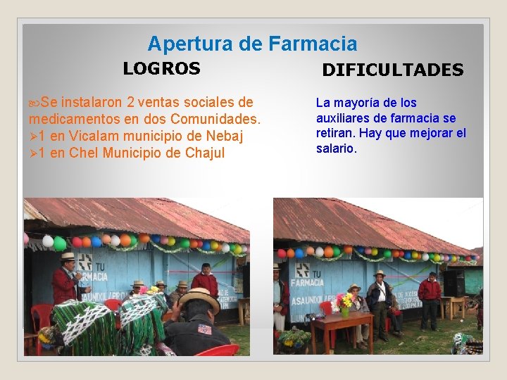 Apertura de Farmacia LOGROS Se instalaron 2 ventas sociales de medicamentos en dos Comunidades.